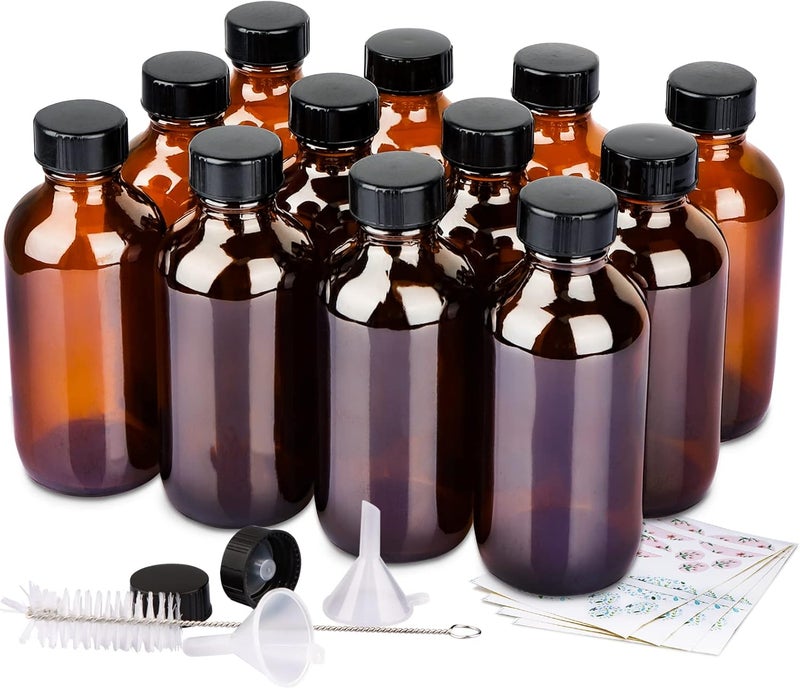 PINIWON 12 Pack 4 oz Amber Glass Bottles, 120ml Boston Round Sample Bottles with Black Poly Cone Caps, Labels, Funnels and Brush - Image 1